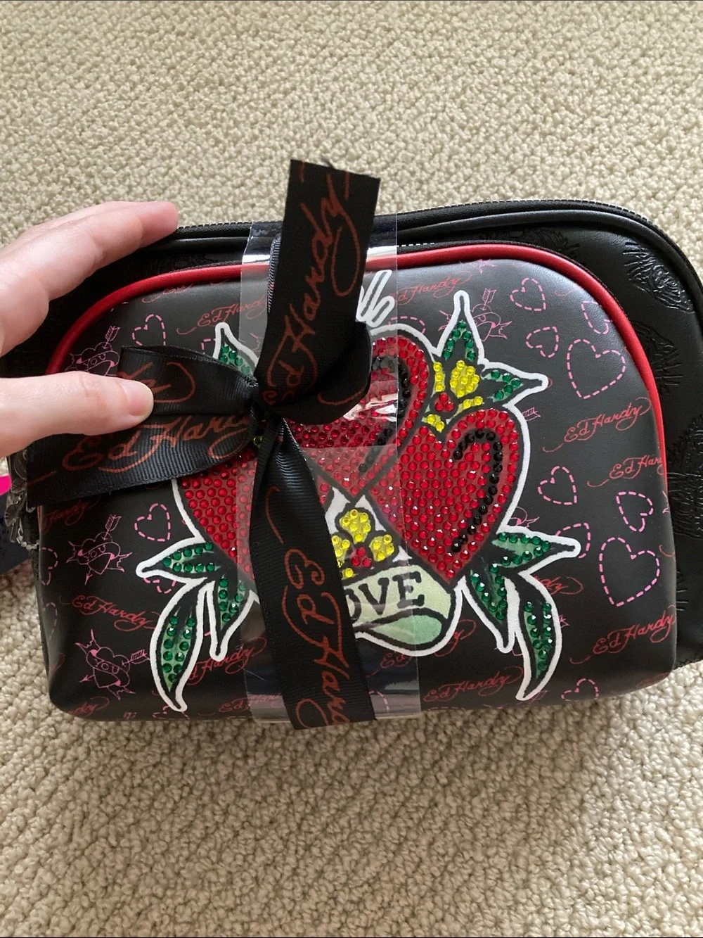 NEW Ed Hardy Cosmetic Case Bundle Two Bags Black Red Glitter Heart “Love” NWT